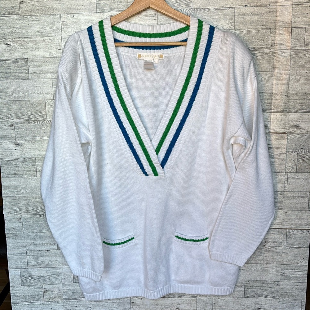 vintage white Sweater tennis prep‎ Architect V Neck women's oversize large